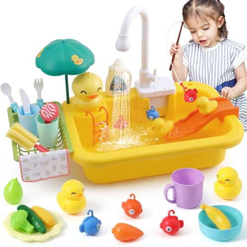 FRUSE Cocina de Juguete, Juguetes para Fregadero de Cocina con Lavaplatos,Grifo Eléctrico,Utensilios Cocina Juguete,Juguetes de Pesca Flotantes,Juegos de Rol para Niños y Niñas de 3 4 5 Años(Amarillo)