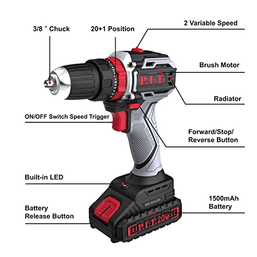 P.i.t. Impact Cordless Drill, 20V Brushless Electric Power Drill Set With 1 Battery & Charger, 3/8”Keyless Chuck, 2 Variable Speed, 40N.m Torque, 20+3 Position And 23Pcs Drill/Driver Bits #TOP1