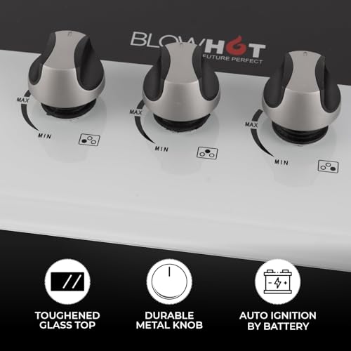 Image of BLOWHOT Pluton 3 Burner Dual Shade Auto-Ignition Gas Hob Stove - 2 Yr General Warranty 2Yr on Burner, Glass, Valve + Doorstep Service |Toughened Glass Top, 100mm 3 Ring, 90mm 2 Ring & 70mm Burner