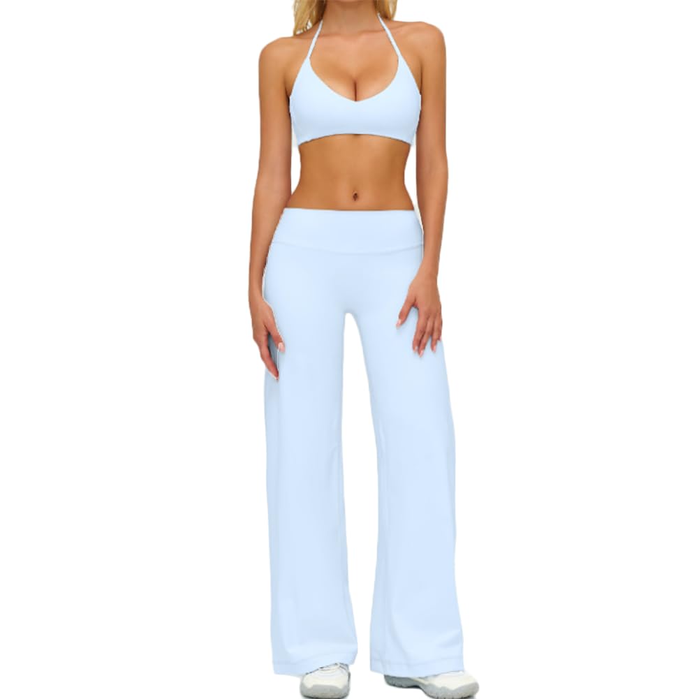 XYFfybhsd Women 2Pcs Casual Yoga Suit Straight Leg Wide Leg Pants Halter Neck Workout Bras Sports Fitness Set(Size:XL,Color:Blue)