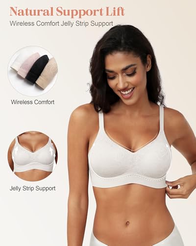 Image of As Fairy Womens Bras Lace Wireless Seamless Padded Full Coverage Soft Comfort No Underwire Wirefree Push Up Support Bralette White 32A