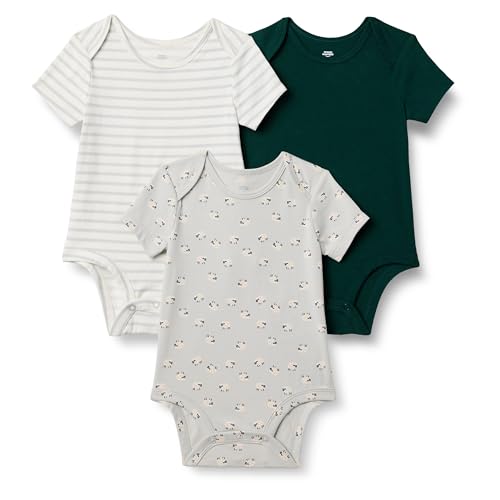 Amazon Essentials x Sofia Grainge Unisex Babies' Short Sleeve Crewneck Bodysuit, Pack of 3, Dark Green/Sheep/Stripe, 0-3 Months