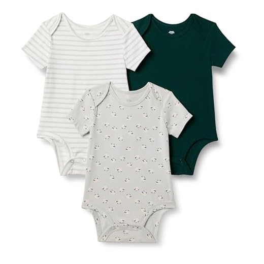 Amazon Essentials x Sofia Grainge Unisex Babies' Short Sleeve Crewneck Bodysuit, Pack of 3, Dark Green/Sheep/Stripe, 0-3 Months