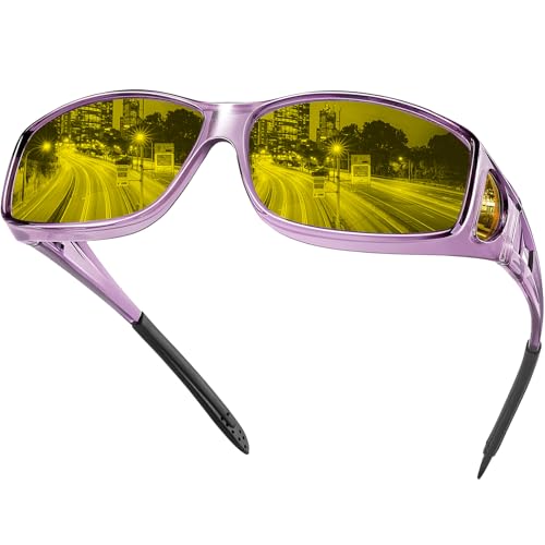 Night Driving Glasses Fit Over Glasses – Shatterproof TAC Polarized HD Yellow Lens, Anti-Glare, UV400 Protection for Men & Women (Transparent Purple)
