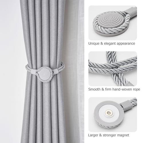 Pretty Jolly 4 Pack Strong Magnetic Curtain Tiebacks Unique Medal shape Decorative Drape Tie Backs Elegant Hand-Woven Rope Curtain Holdbacks for Home & Office Draperies Decor (Grey) - Image 3