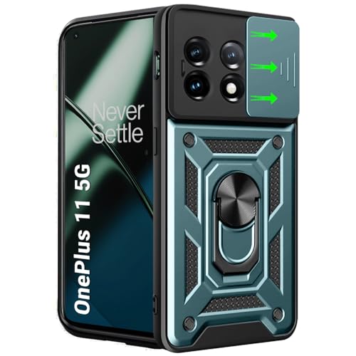 Image of TheGiftKart Tough Armor Bumper Back Cover Case for OnePlus 11 5G | Ring Holder & Kickstand in-Built | 360 Degree Protection Back Case Cover for OnePlus 11 5G (PC & TPU, Sliding Camera Cover, Green)