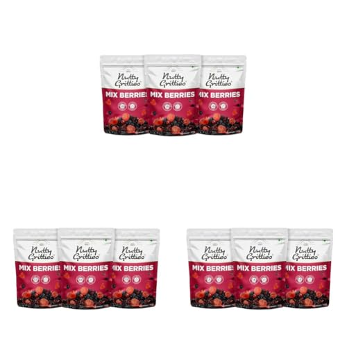 Image of Nutty Gritties Mix Berries 600g- Dried Cranberries, Blueberries, Strawberries, Black Currants - Healthy Snack for kids and adults - 200g (Pack of 9)