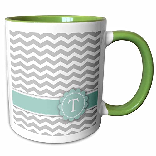 3dRose Letter T grey white chevron mint zigzags 15oz Two-Tone Green Mug
