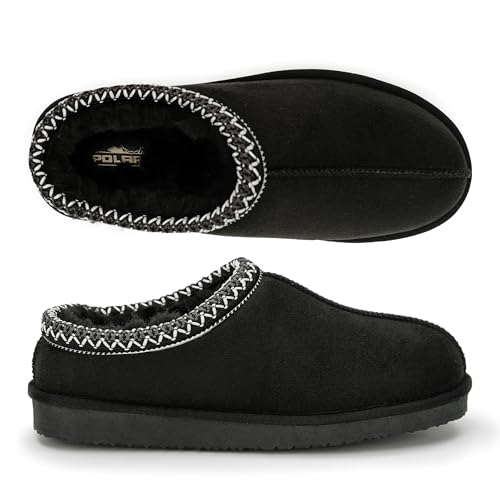 Polar Womens Faux Suede Shearling Lined Slippers - Warm Memory Foam Indoor Outdoor Slip-On House Shoes with Aztec Trim - Non-Slip Sole for Winter Cosy Comfort - Black - UK 6