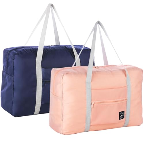 Foldable Travel Duffel Bag 2PCS Tote Carry on Luggage Bag Spirit Airlines Personal item Sports Gym Bag Water Resistant Weekender Overnight Bags for Women and Men (Pink+Blue)