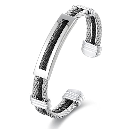 Biyongde Silver Black Steel Twisted Cable Cuff Bangle Bracelet Id Identify Charms, Adjustable, Mens Womens #TOP5