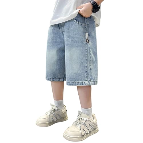 Rolanko Short en Jean pour Garçon, à Taille Élastique Baggy Ample Cargo Denim Shorts pour L'été, Bleu, 10-11ans, 150