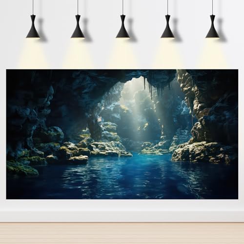 Image of Aquarium Background Underwater Cave with Blue Water and Sunbeams Terrarium Backdrop Fantasy Rocks Moss Sun Rays Fish Tank Background Cave Landscape Tank Wallpaper Poster Vinyl 36x20in