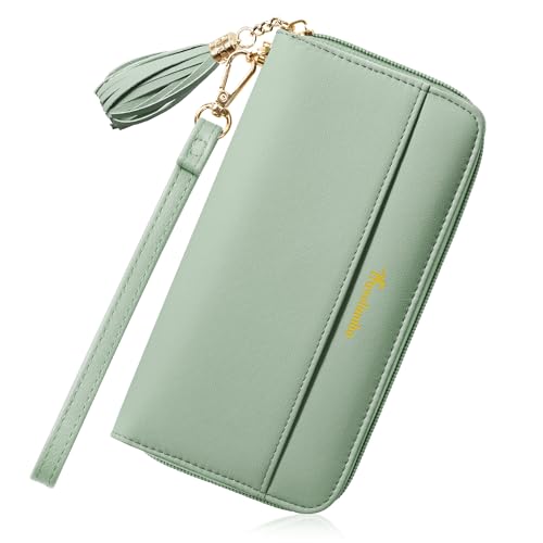 Travelambo Womens Wallet Tassel Bifold Ladies Clutch Wristlet Wrist strap Long Purse (Access Green Blooming)