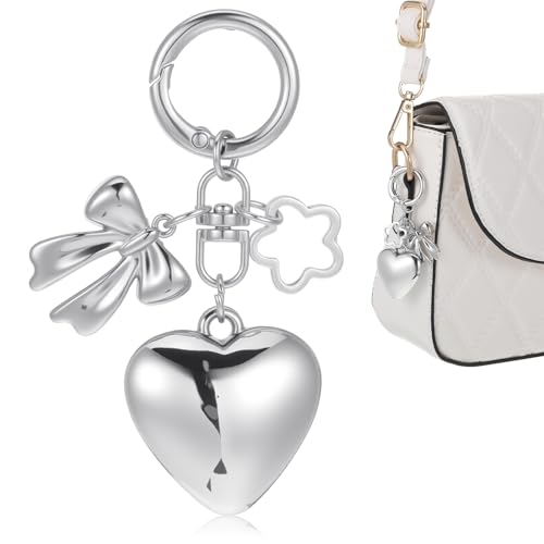 Ouligay Portachiavi in argento con fiore a forma di cuore, Y2k, portachiavi da borsa da donna con ciondolo a forma di fiore, ideale come regalo per ragazze, donne