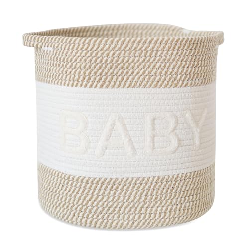 INough Toy Storage Baskets Woven Cotton Rope Blanket Storage Basket for Kids, Baby Baskets for Living Room Toys Organizer with Embroidery Decor, Clothes Hamper with Handle for Nursery, Playroom (Baby)