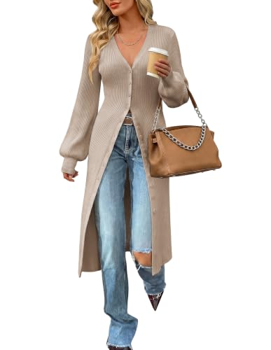 GRACE KARIN Womens Long Cardigan Trendy, Lightweight Knit Dusters Coat, V Neck Button Up Sweater Maxi Dress Fall Fashion Light Camel
