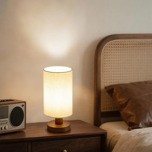 Image of Bedside Lamps Set of 2, Bamboo Small Table Lamp for Nightstand | 10'' Minimalist Nightstand Lamps for Bedroom, Modern Desk Lamp for Living Room, E26, Walunt, Linen Shade