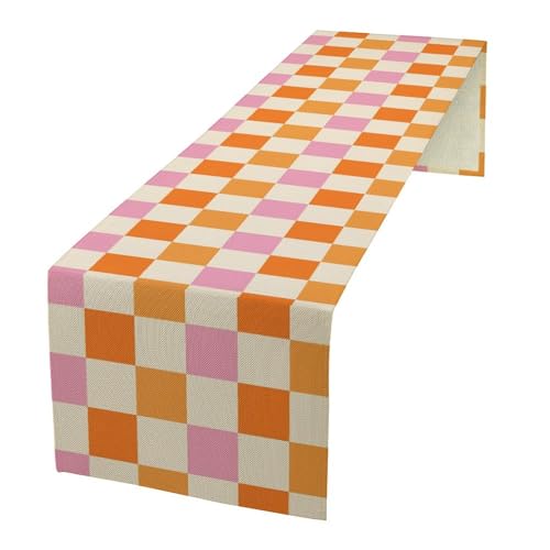 Hippie Table Runner Vintage Geometric Square Grid Yellow Orange Pink 1960s 1970s Retro Country Farmhouse Dinner Runner for Living Room Kitchen Party Holiday Dinner Home 13x36in by FengMingRui - Used condition - US$8.99
