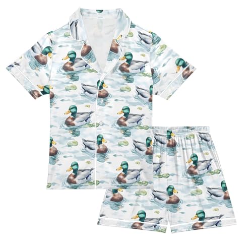 ALAZA Green Duck Water Satin Pajamas Set Short Sleeve Button Down Sleepwear Summer Pjs 2 Piece