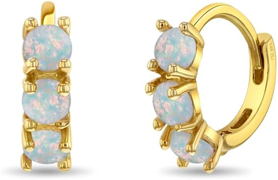 14k Yellow Gold Small Prong Set Simulated Opal Hoop Earrings For Babies and Toddler Girls 7mm - Little Girls Sparkling Earrings - Dainty Hoops For Children