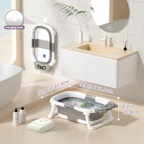 Image of Collapsible Baby Bathtub for Newborn to Toddler (0-18 Months) - Foldable Baby Bath Tub with Soft Towel, Newborn& Infant Bathtub for Travel and Outdoor, Grey