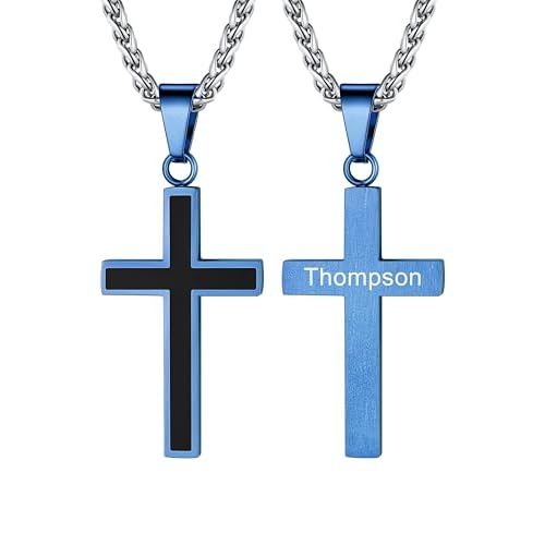 U7 Cross Necklace for Men, Stainless Steel Silver Black Gold Mens Cross Necklace, 22-24 Inches 3.blue custom