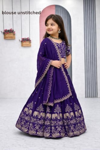 Image of Kids Chiffon Lehenga Choli, Embroidered Elephant and Floral Print, Festive Ethnic Wear with Dupatta