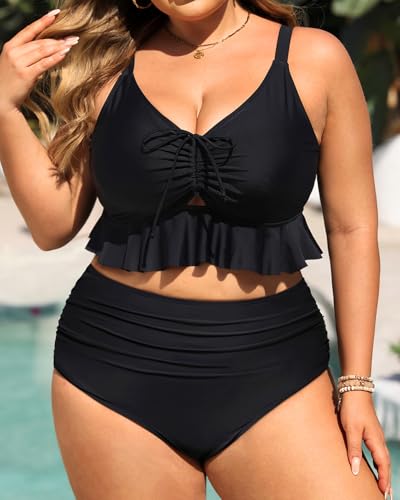 Daci Women Plus Size Two Piece Swimsuits - High Waisted Bikini Set Ruffle Tummy Control Bathing Suits with Bottom3