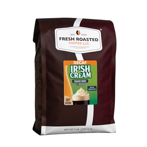 Fresh Roasted Coffee, Decaf Irish Cream Flavored Drip Ground Coffee, Medium Roast, Kosher, 5 lb (80 oz)