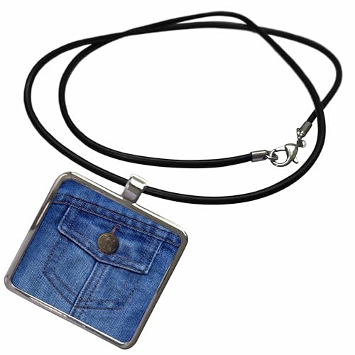 3dRose Russ Billington Designs - Image of Blue Denim Pocket Detail with Bird and Stars Button - Necklace with Rectangle Pendant (ncl_219122)