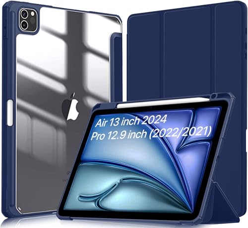 Image of Robustrion for iPad Air 13 inch Cover Case /for iPad Pro 12.9 inch with [Pencil Holder] [Transparent Back] Hybrid Case Cover for iPad Air 13 inch 2024 [Auto Sleep Wake Support] - Navy