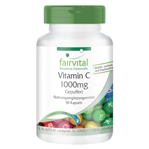 fairvital Vitamina C 1000mg tamponada, 90 cápsulas, alta dosis, VEGANA, ascorbato de calcio
