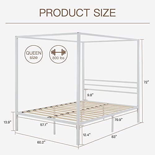 Ikalido Queen Size Metal Canopy Bed Frame, Modern Four-Poster Platform Bed Frame, Mattress Foundation With Wood Slat Support/ Under-Bed Storage Space/ No Box Spring Needed/ White #TOP6