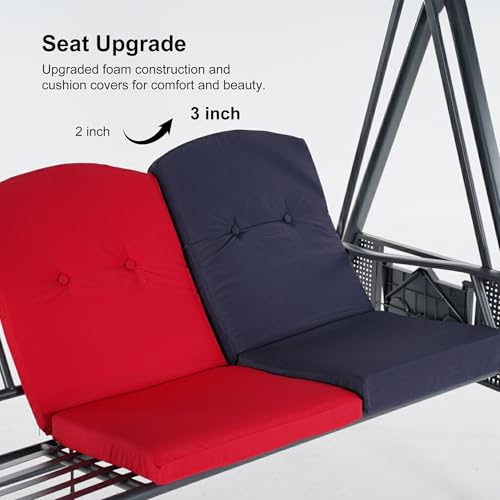 Image of PURPLE LEAF Outdoor Patio Porch Swing with Stand, 2-seat Swing Chair with Adjustable Tilt Canopy All-Weather Steel Frame for Backyard Front Porch Lawn, Cushions and Pillow Included, Navy Blue