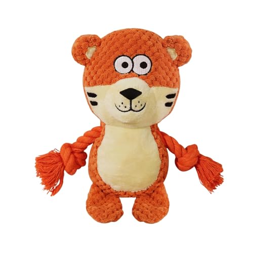 Cute Animals Interactive Squeaky Dog Toy with a Vocal Bladder, Crinkle Paper Stuffed Soft Cotton Chew Toy, Teething Rope Tug of War Pull Toy to Keep Them Busy for Puppy, Small Dogs - Orange Tiger