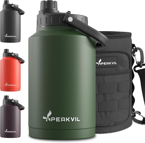 Peakvil - Botella de agua aislada de 1 galón, jarra de agua grande al vacío para camping, taza térmica fría y caliente, botella de acero inoxidable, 3,628.7 g, verde marino