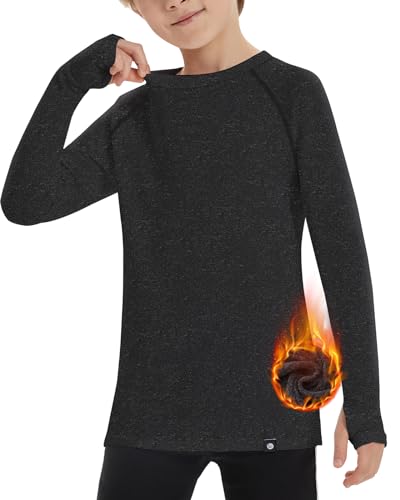 Soneven - Soneven sous vêtements Thermiques pour Enfants, Unisexe, Chaud en Polaire, t-Shirt de Sport pour Filles, t-Shirt à Manches Longues pour Enfants avec Trou pour Le Pouce pour l'hiver Ski Noir 134