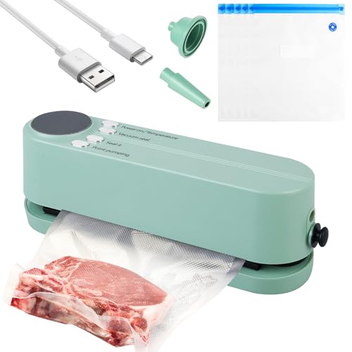 GOEDCH Mini máquina de envasado al vacío: 3 niveles de temperatura, succión fuerte 60 kPa, portátil e inalámbrico para almacenamiento de alimentos, 3 en 1 para bocadillos secos, húmedos y grasos