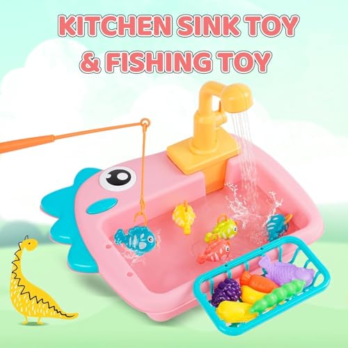 TOYVELLY Kitchen Sink Toy Set with Fishing Game, Flowing Water Dishwasher, Kitchen Utensils, Role Play Toy for Toddlers, Children, Girls from 3 Years - Image 6 thumbnail