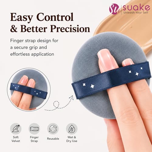 Image of SUAKE Makeup Powder Puff Set, 7PCS Soft Velvet Face Powder Puffs for Foundation, Loose Powder, Compact & BB Cream, Reusable Washable Cosmetic Applicators with Finger Strap