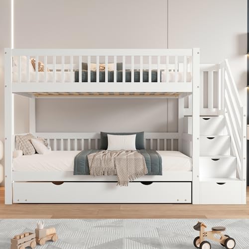Rtopsu Kinderbett Etagenbett 90x200 cm mit Ausziehbares Bett, Hochbett mit Treppe und Stauraum Regal, Hausbett mit Lattenrost aus Holz und Rausfallschutz für 2-3 Kinder, Weiß, Ohne Matratze