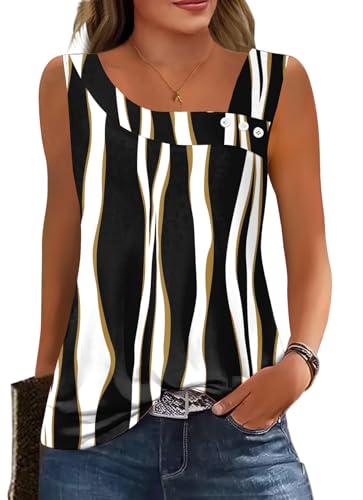 GUNEST Womens Black White Zebra Summer Tank Tops Square Asymmetrical Neck Sleeveless Buttons Casual Dressy Tunics Floral Boho Loose Fit Trendy Fashion Business Work T Shirts Blouses