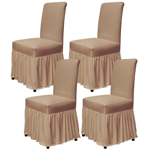 molasofa Chair Covers for Dining Room Set of 4 Stretch Chair Slipcovers with Skirt for Kitchen Seat Protectors Wedding Banquet Decor Kids Pets Spandex Fabric Washable (4pcs, Brown)