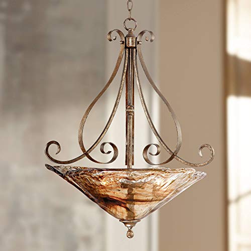 Franklin Iron Works Amber Scroll Golden Bronze Silver Pendant Chandelier 24 3/4" Wide Rustic Art Glass Bowl Fixture for Cottage Core Dining Room House Foyer Kitchen Island Entryway Bedroom