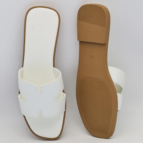 Image of Women's Flat Sandals, Ladies Leather Slippers, Comfy Dressy Slip on Shoes Elegant Slides Summer Fall Spring Cute Open Toe Casual Footwear