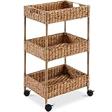 Best Choice Products 3-Tier Water Hyacinth Rolling Nursery Caddy w/Wheels, Utility Cart, Storage Organization for Bathroom, Craft Room, Laundry Room– Chestnut