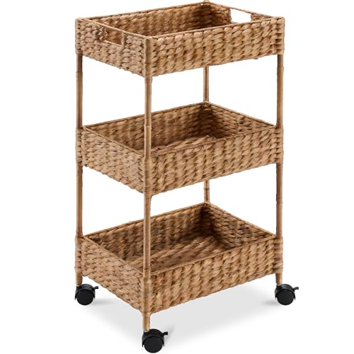 Image of Best Choice Products 3-Tier Water Hyacinth Rolling Nursery Caddy w/Wheels, Utility Cart, Storage Organization for Bathroom, Craft Room, Laundry Room– Chestnut