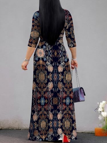 Image of Women's V Neck Floral Maxi Dress 3 /4 Sleeve Plus Size Boho Wrap Flowy Long Dresses with Belt