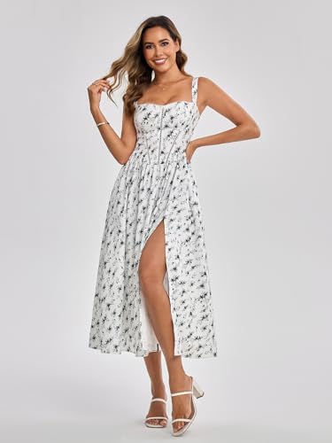 Image of KUTUMAI Floral Corset Midi Dress Flowy Slit Summer Spring Wedding Guest Dresses for Women Sundress with Pockets